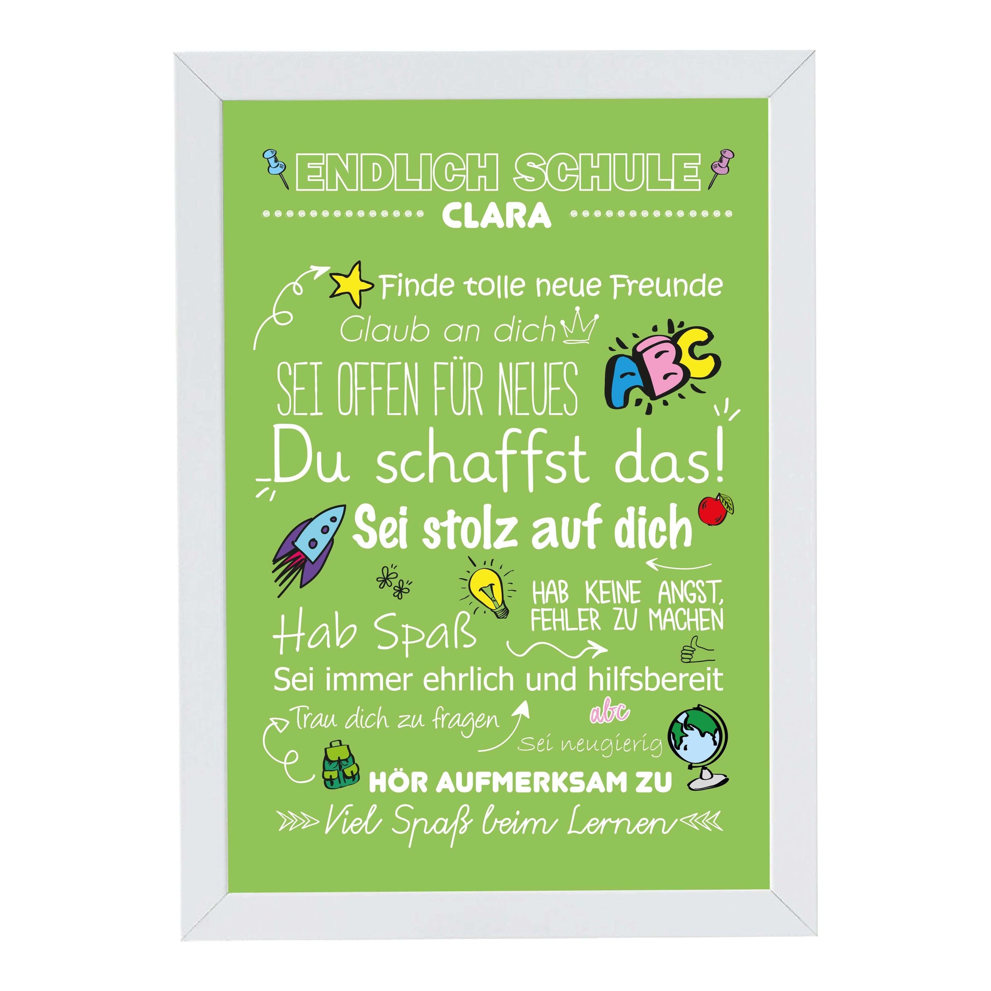 Personalisiertes Poster "Endlich Schule" Motivationssprüche, Bildfarbe: Grün, Bildgröße: 13x18cm, Bilderrahmen: Ohne Bilderrahmen, Copyright: 321geschenke.de