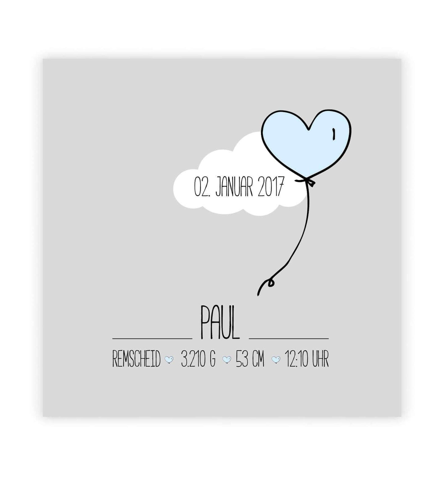Personalisiertes Bild “Geburtsposter - Wolke mit Herzballon”, Bildfarbe: blau, Bildgröße: 13x18cm, DIN A4, DIN A3, 25x25cm, Bilderrahmen: Ohne Bilderrahmen, Copyright: 321geschenke.de