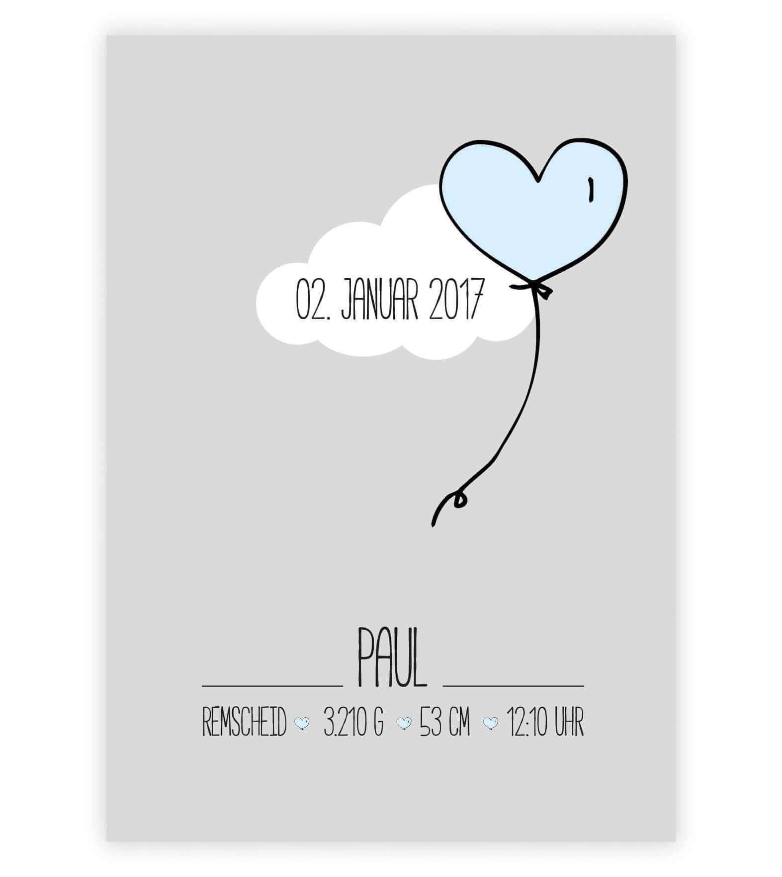 Personalisiertes Bild “Geburtsposter - Wolke mit Herzballon”, Bildfarbe: blau, Bildgröße: 13x18cm, DIN A4, DIN A3, 25x25cm, Bilderrahmen: Ohne Bilderrahmen, Copyright: 321geschenke.de