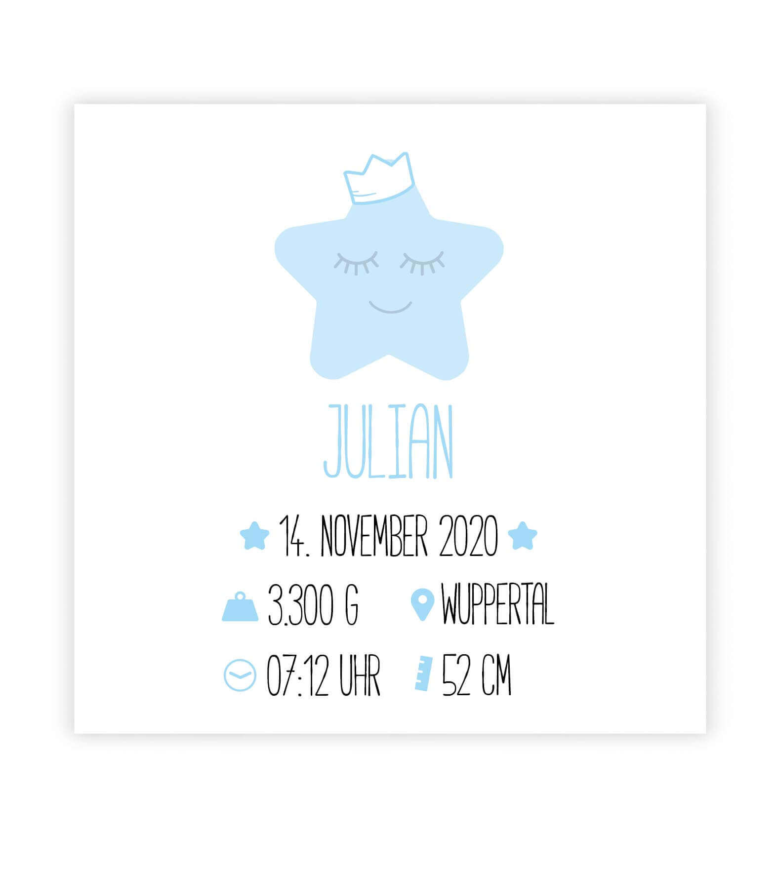 Personalisiertes Babyposter “Geburtsanzeige Stern” in weiß/blau, Bildgröße: 25x25cm, Bilderrahmen: Ohne Bilderrahmen, Copyright: 321geschenke.de