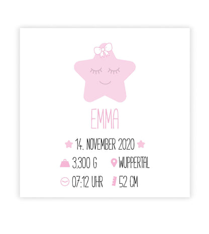 Personalisiertes Babyposter “Geburtsanzeige Stern” in weiß/rosa, Bildgröße: 25x25cm, Bilderrahmen: Ohne Bilderrahmen, Copyright: 321geschenke.de