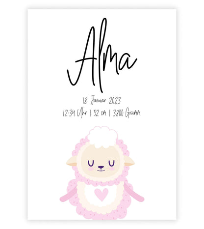 Personalisiertes Geburtsposter “SCHAF mit Herz”, Motiv: Schaf, Bildgröße: 13x18cm, Bilderrahmen: Ohne Bilderrahmen, Copyright: 321geschenke.de Sonderanfertigung: Unsere Bilder nach euren Wünschen verändert.