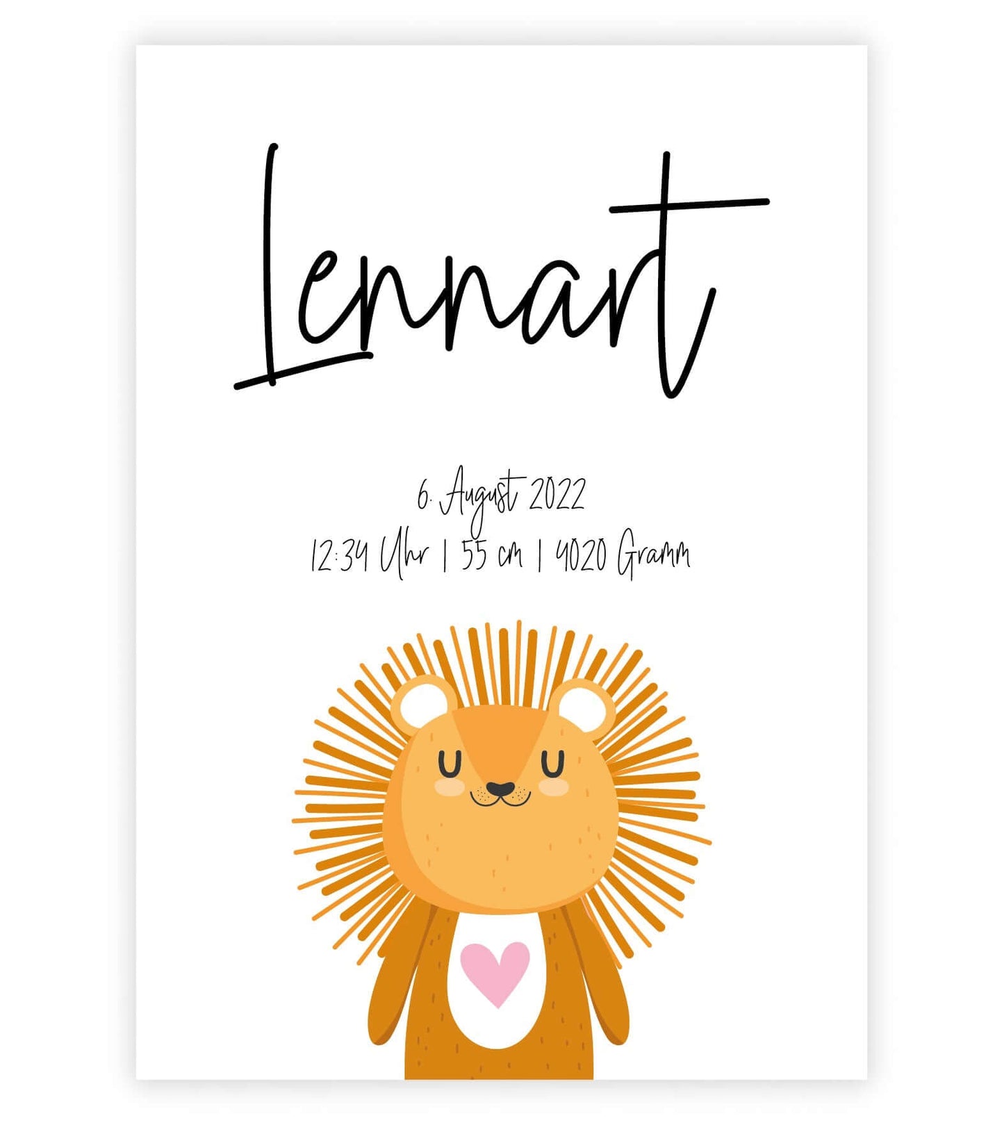 Personalisiertes Geburtsposter “LÖWE mit Herz”, Motiv: Löwe, Bildgröße: 13x18cm, Bilderrahmen: Ohne Bilderrahmen, Copyright: 321geschenke.de Sonderanfertigung: Unsere Bilder nach euren Wünschen verändert.