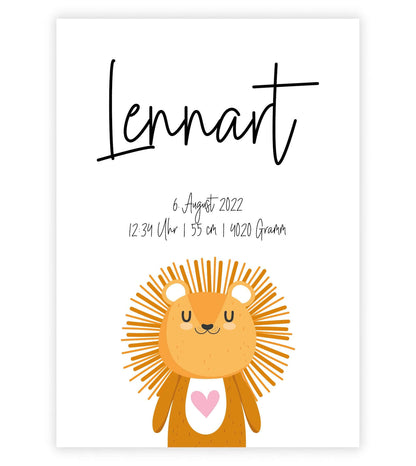 Personalisiertes Geburtsposter “LÖWE mit Herz”, Motiv: Löwe, Bildgröße: 13x18cm, Bilderrahmen: Ohne Bilderrahmen, Copyright: 321geschenke.de Sonderanfertigung: Unsere Bilder nach euren Wünschen verändert.