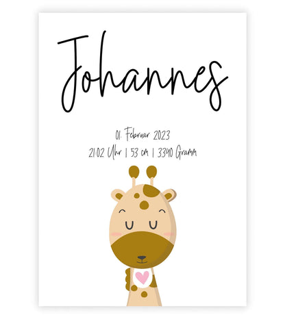 Personalisiertes Geburtsposter “GIRAFFE mit Herz”, Motiv: Giraffe, Bildgröße: 13x18cm, Bilderrahmen: Ohne Bilderrahmen, Copyright: 321geschenke.de Sonderanfertigung: Unsere Bilder nach euren Wünschen verändert.