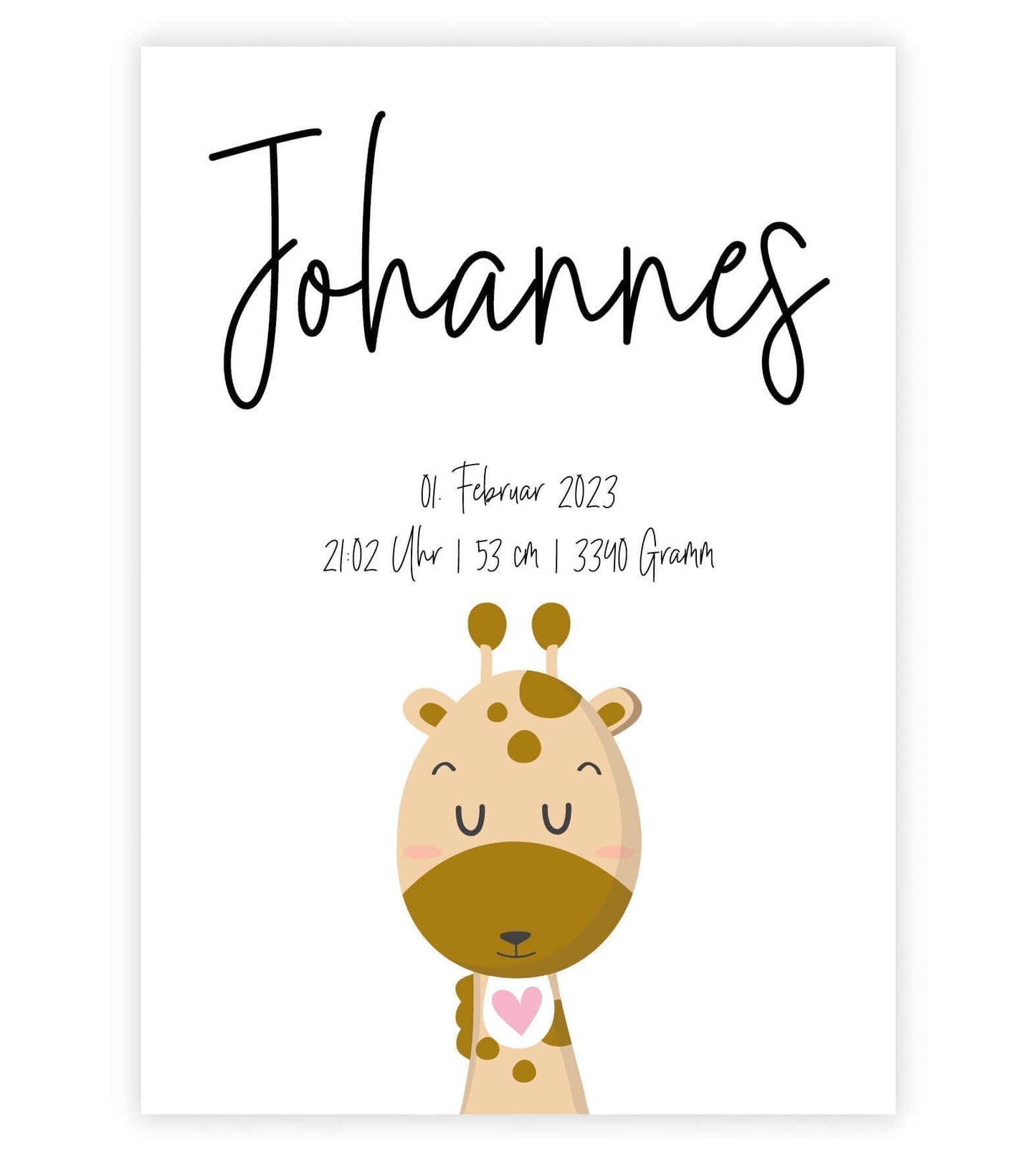 Personalisiertes Geburtsposter “GIRAFFE mit Herz”, Motiv: Giraffe, Bildgröße: 13x18cm, Bilderrahmen: Ohne Bilderrahmen, Copyright: 321geschenke.de Sonderanfertigung: Unsere Bilder nach euren Wünschen verändert.