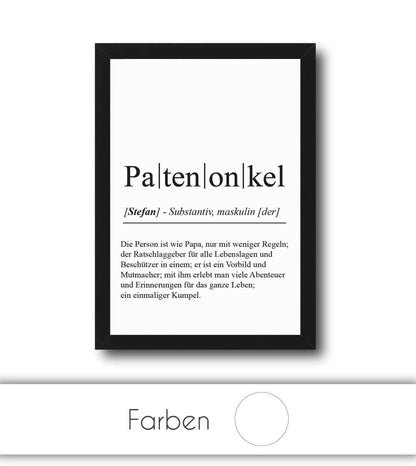 Personalisiertes Bild “Definition PATENONKEL”, Bildfarbe: Weiß, Bildgröße: 13x18cm, DIN A4, DIN A3, Bilderrahmen: Ohne Bilderrahmen, Bilderrahmen weiß ohne Passepartout, Bilderrahmen schwarz ohne Passepartout, Bilderrahmen weiß mit Passepartout, Bilderrah