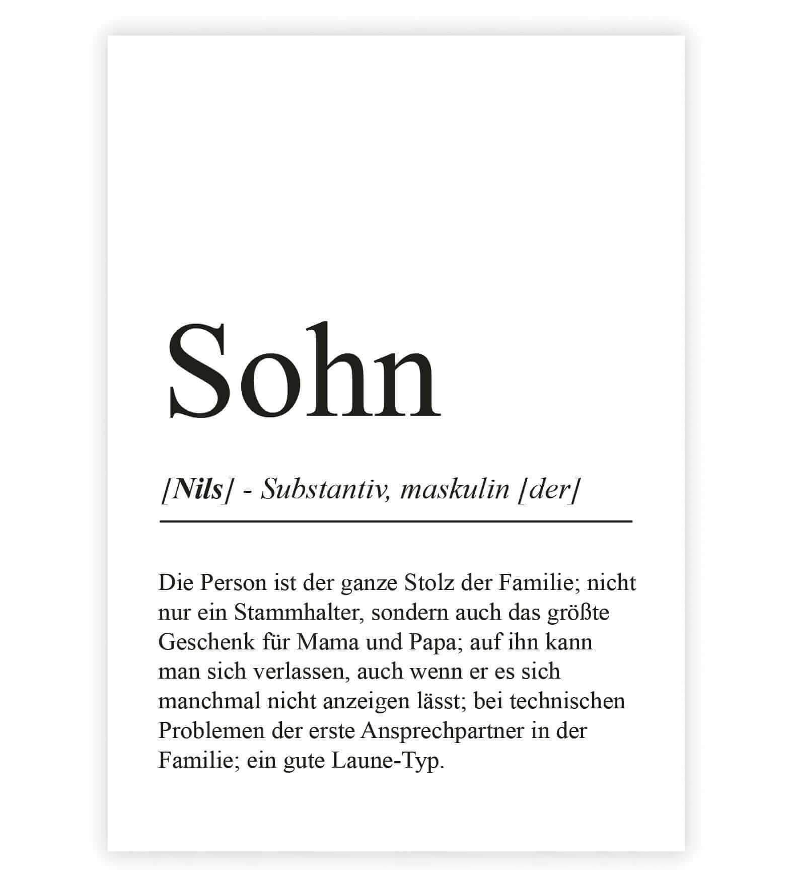 Personalisiertes Bild “Definition SOHN”, Bildfarbe: Weiß, Bildgröße: 13x18cm, DIN A4, DIN A3, Bilderrahmen: Ohne Bilderrahmen, Bilderrahmen weiß ohne Passepartout, Bilderrahmen schwarz ohne Passepartout, Bilderrahmen weiß mit Passepartout, Bilderrahmen schwarz mit Passepartout, Copyright:321geschenke.de