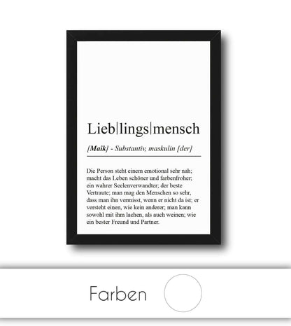 Personalisiertes Bild “Definition LIEBLINGSMENSCH”, Bildfarbe: Weiß, Bildgröße: 13x18cm, DIN A4, DIN A3, Bilderrahmen: Ohne Bilderrahmen, Bilderrahmen weiß ohne Passepartout, Bilderrahmen schwarz ohne Passepartout, Bilderrahmen weiß mit Passepartout, Bilderrahmen schwarz mit Passepartout, Copyright:321geschenke.de