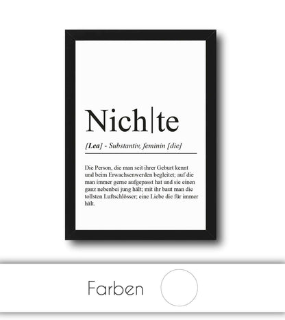Personalisiertes Bild “Definition NICHTE”, Bildfarbe: Weiß, Bildgröße: 13x18cm, DIN A4, DIN A3, Bilderrahmen: Ohne Bilderrahmen, Bilderrahmen weiß ohne Passepartout, Bilderrahmen schwarz ohne Passepartout, Bilderrahmen weiß mit Passepartout, Bilderrahmen schwarz mit Passepartout, Copyright:321geschenke.de