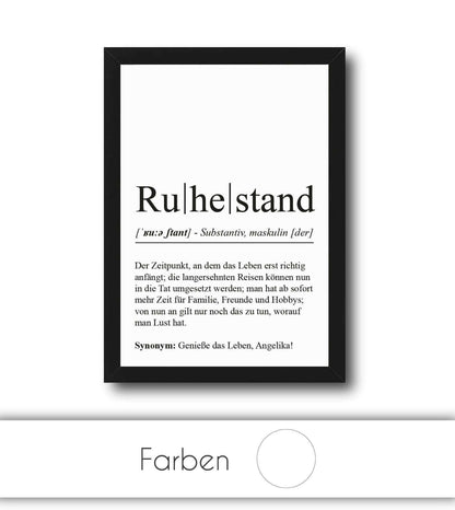 Personalisiertes Bild “Definition RUHESTAND”, Bildfarbe: Weiß, Bildgröße: 13x18cm, DIN A4, DIN A3, Bilderrahmen: Ohne Bilderrahmen, Bilderrahmen weiß ohne Passepartout, Bilderrahmen schwarz ohne Passepartout, Bilderrahmen weiß mit Passepartout, Bilderrahmen schwarz mit Passepartout, Copyright:321geschenke.de
