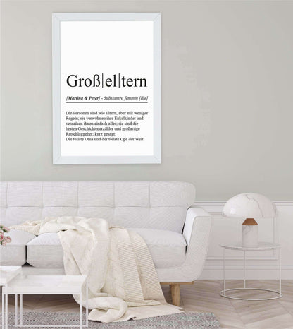 Anwendungsbild_Personalisiertes Bild “Definition GROßELTERN”, Bildfarbe: Weiß, Bildgröße: 13x18cm, DIN A4, DIN A3, Bilderrahmen: Ohne Bilderrahmen, Bilderrahmen weiß ohne Passepartout, Bilderrahmen schwarz ohne Passepartout, Bilderrahmen weiß mit Passepartout, Bilderrahmen schwarz mit Passepartout, Copyright:321geschenke.de