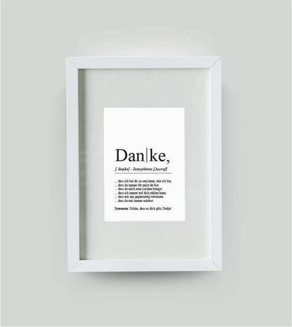 Personalisiertes Bild “Definition DANKE”, DIN 13x18cm, mit Rahmen weiß 21x30cm, ohne Passepartout