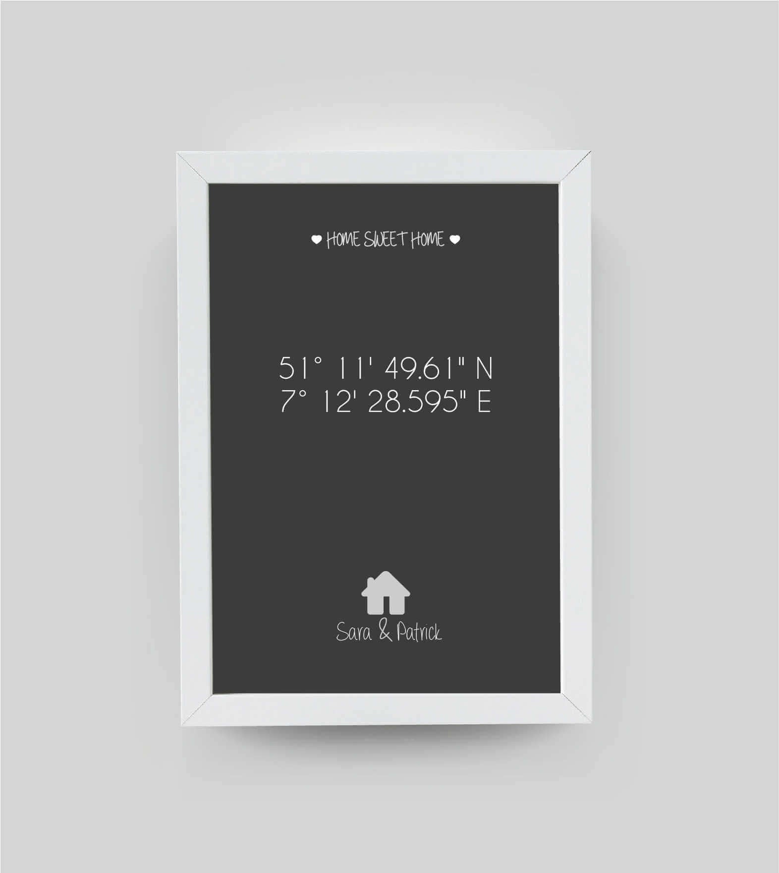 Personalisiertes Bild "HOME SWEET HOME HAUS" in schwarz/anthrazit, DIN A4, mit Rahmen weiß 21x30cm, ohne Passepartout