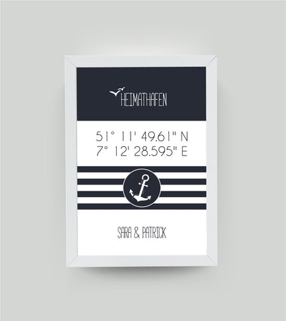 Personalisiertes Koordinaten Bild “HEIMATHAFEN” mit Anker gestreift, Bildfarbe: Maritime/Blau, Bildgröße: 13x18cm, Bilderrahmen: Ohne Bilderrahmen, Copyright:321geschenke.de