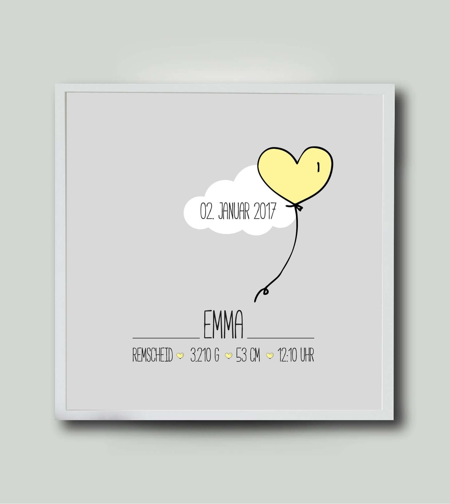 Personalisiertes Bild “Geburtsposter” Wolke mit Herzballon, Bildfarbe: Gelb, Bildgröße: 25x25cm, Bilderrahmen: Ohne Bilderrahmen, Copyright: 321geschenke.de