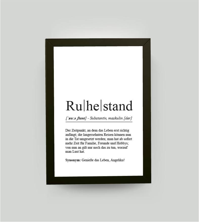 Personalisiertes Bild “Definition RUHESTAND”, DIN A4, mit Rahmen schwarz 21x30cm, ohne Passepartout, Copyright: 321geschenke.de