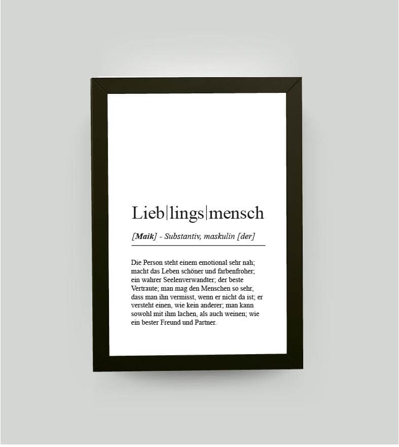 Personalisiertes Bild “Definition LIEBLINGSMENSCH”, DIN A4, mit Rahmen schwarz 21x30cm, ohne Passepartout, Copyright: 321geschenke.de