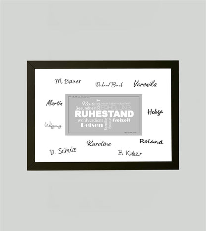 Personalisiertes Bild “Ruhestand Abschiedsgeschenk”, Bildfarbe: Anthrazit/Schwarz, Grau, Weiß, Bildgröße: DIN A4, DIN A3, Bilderrahmen: Ohne Bilderrahmen, Bilderrahmen weiß ohne Passepartout, Bilderrahmen schwarz ohne Passepartout,Copyright: 321geschenke.de