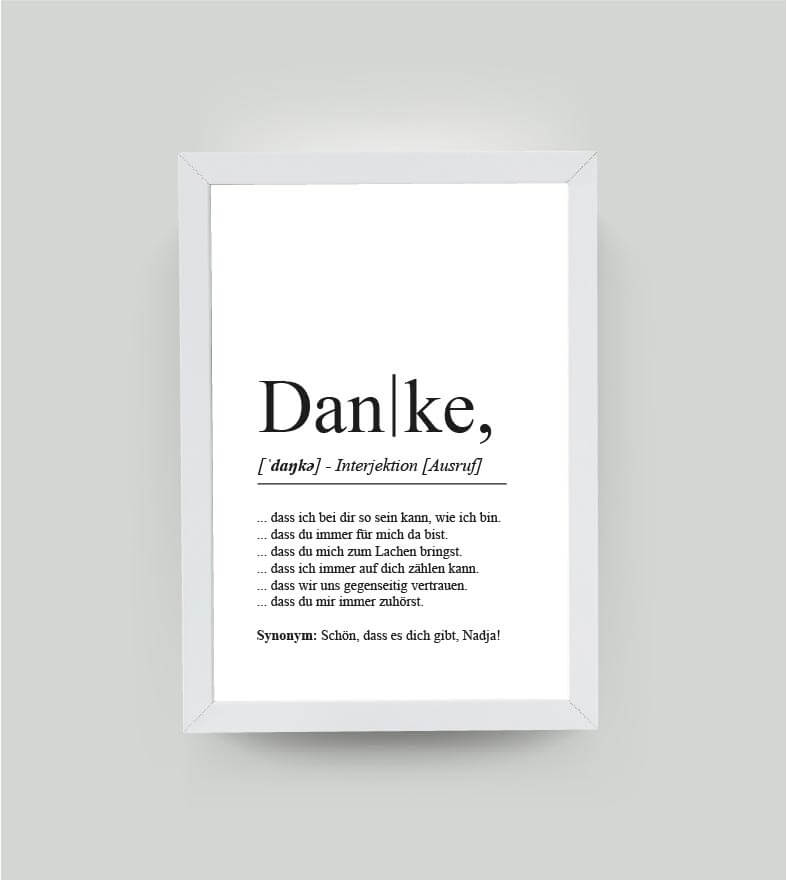 Personalisiertes Bild “Definition DANKE”, DIN A4, mit Rahmen weiß 21x30cm, ohne Passepartout