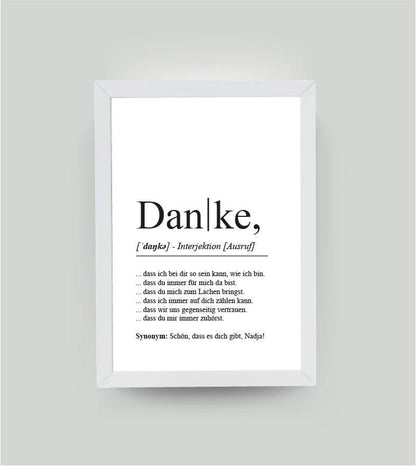 Personalisiertes Bild “Definition DANKE”, DIN A4, mit Rahmen weiß 21x30cm, ohne Passepartout