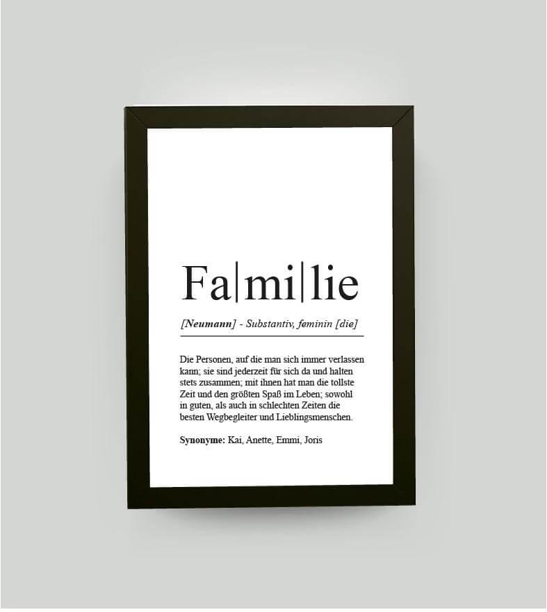 Personalisiertes Bild “Definition FAMILIE”, DIN A4, mit Rahmen schwarz 21x30cm, ohne Passepartout