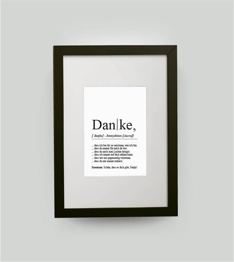 Personalisiertes Bild “Definition DANKE”, DIN 13x18cm, mit Rahmen schwarz 21x30cm, ohne Passepartout