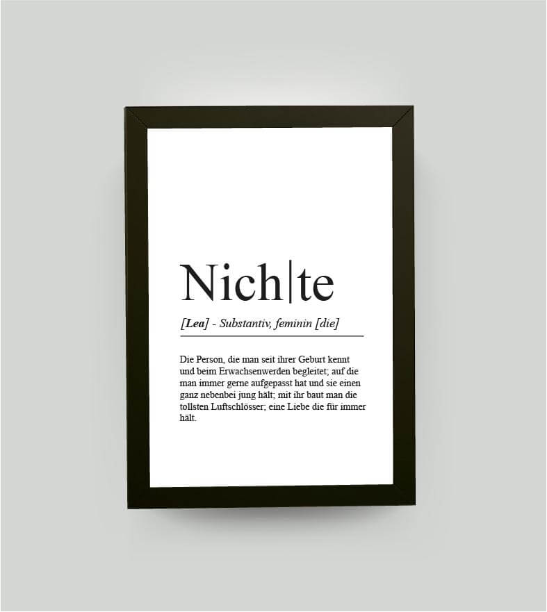 Personalisiertes Bild “Definition NICHTE”, DIN A4, mit Rahmen schwarz 21x30cm, ohne Passepartout, Copyright: 321geschenke.de