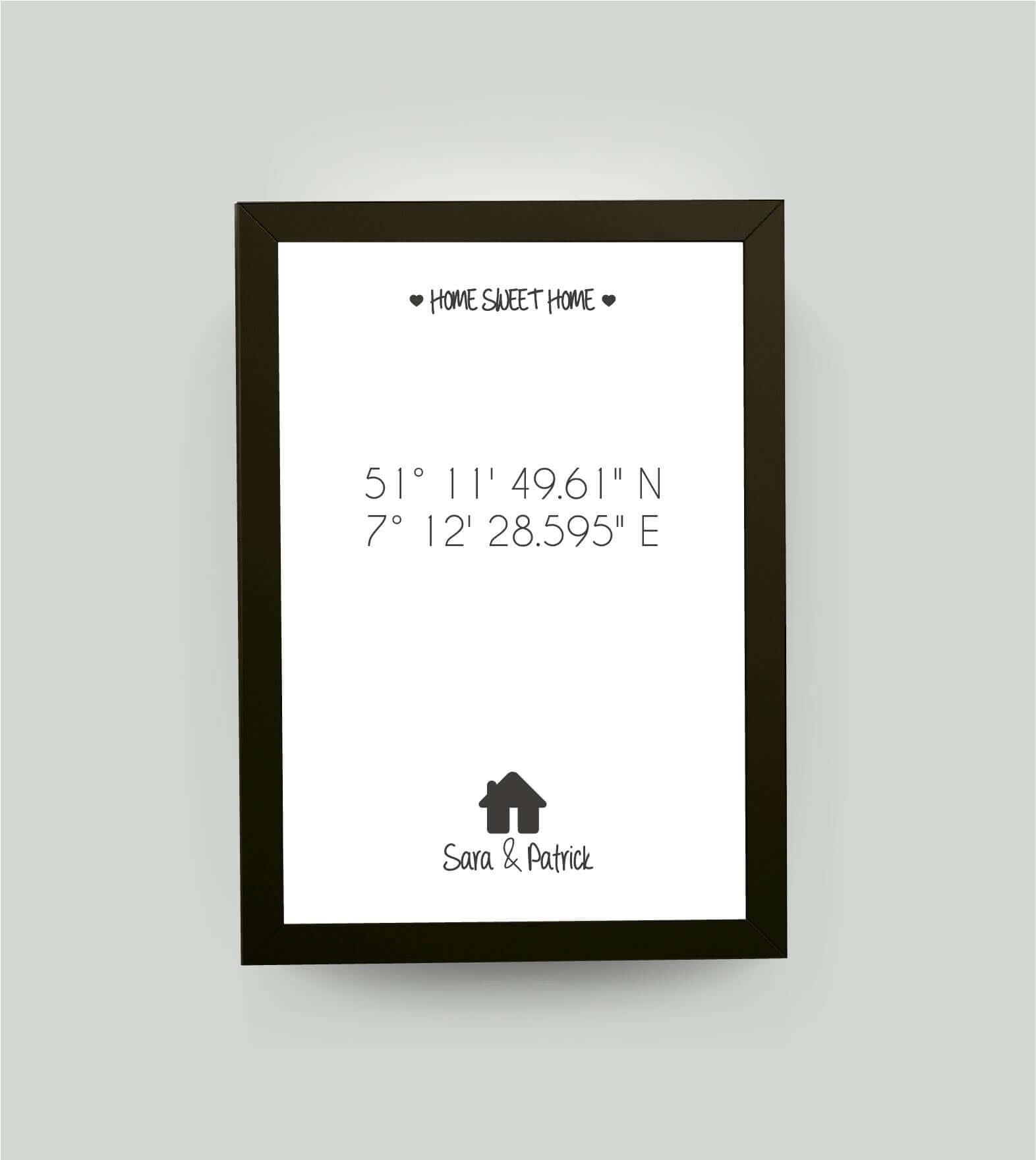 Personalisiertes Bild "HOME SWEET HOME HAUS" in weiß, DIN A4, mit Rahmen schwarz 21x30cm, ohne Passepartout