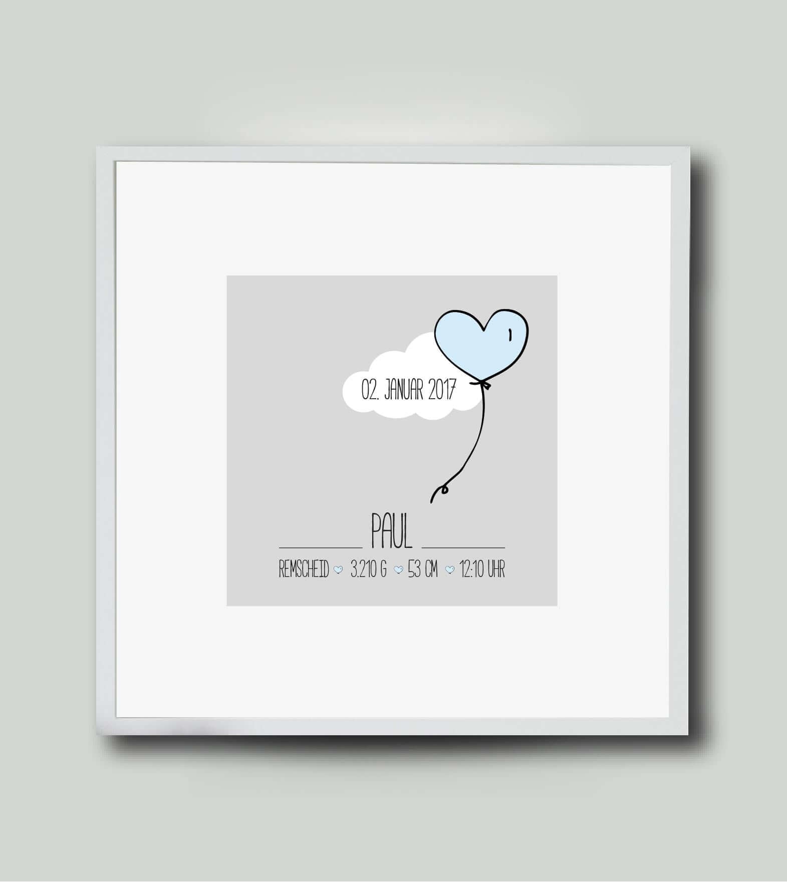 Personalisiertes Bild “Geburtsposter” Wolke mit Herzballon, Bildfarbe: Blau, Bildgröße: 25x25cm, Bilderrahmen: Bilderrahmen weiß mit Passepartout, Copyright: 321geschenke.de