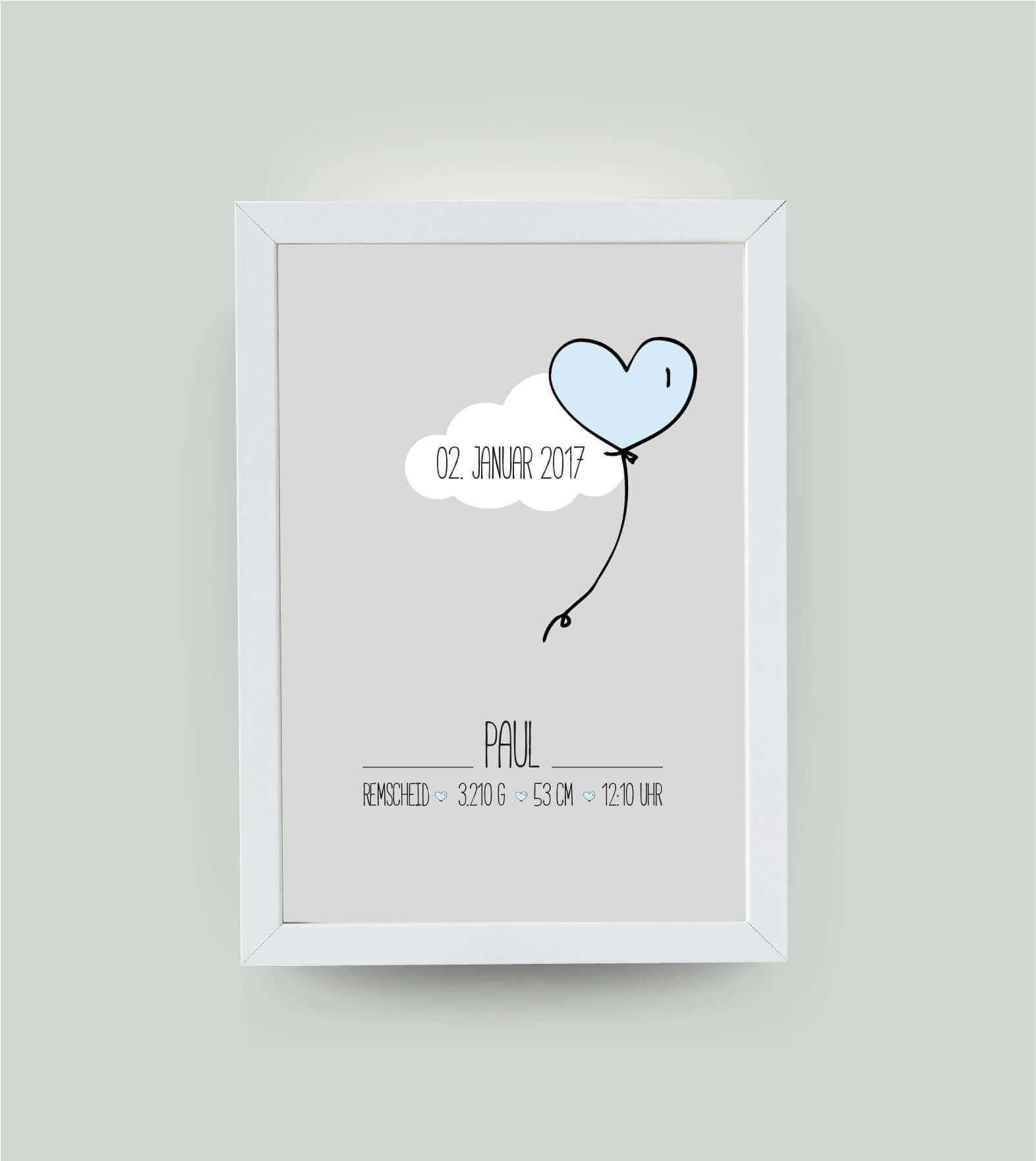 Personalisiertes Bild “Geburtsposter” Wolke mit Herzballon, Bildfarbe: Blau, Bildgröße: 13x18cm, Bilderrahmen: Ohne Bilderrahmen, Copyright: 321geschenke.de