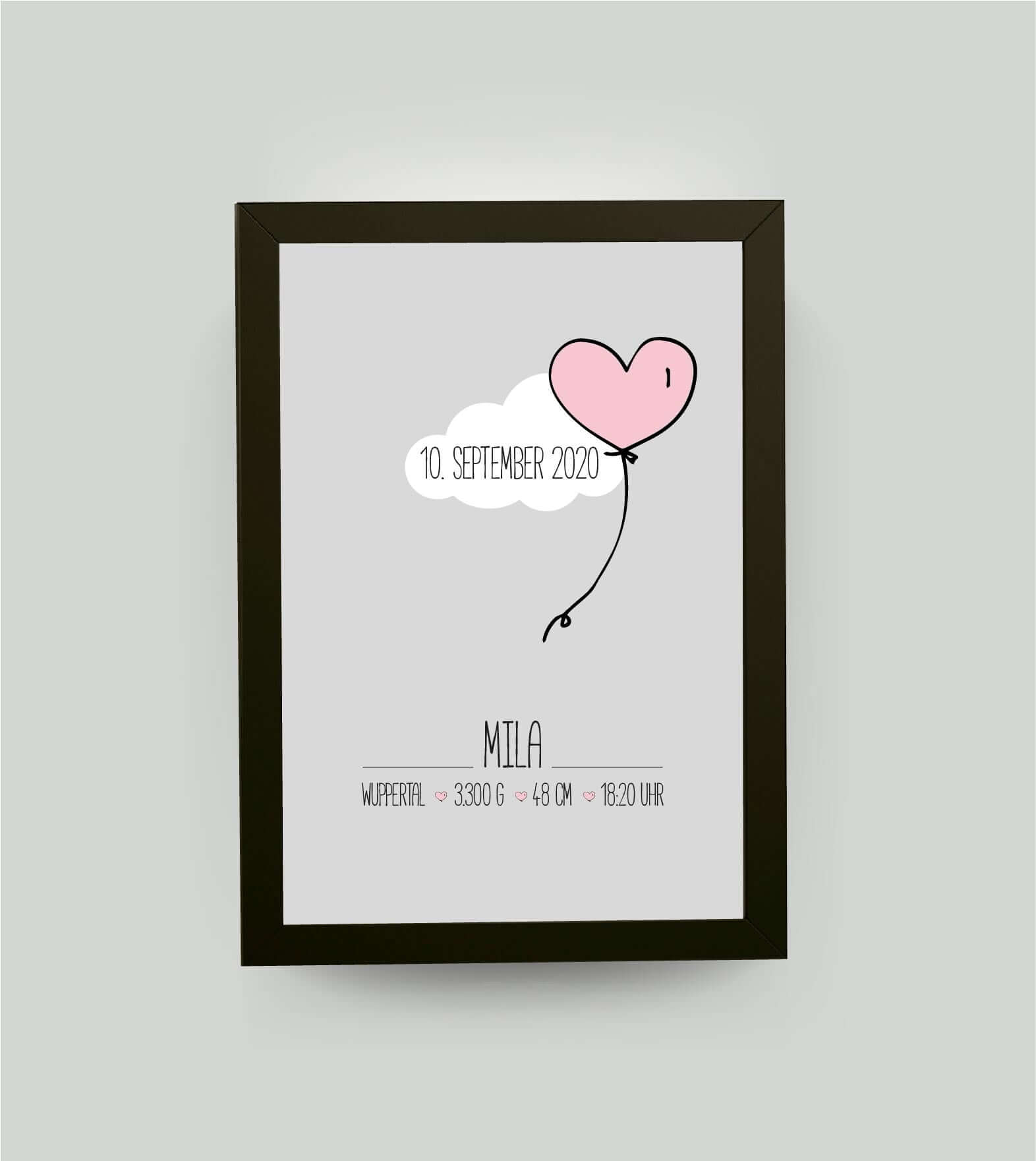 Personalisiertes Bild “Geburtsposter” Wolke mit Herzballon, Bildfarbe: Rosa, Bildgröße: 13x18cm, Bilderrahmen: Bilderrahmen schwarz ohne Passepartout, Copyright: 321geschenke.de
