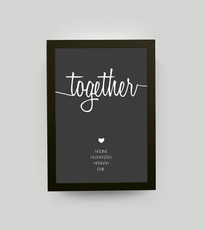 Personalisiertes Familienbild “TOGETHER”, Bildfarbe: Anthrazit/Schwarz, Bildgröße: 13x18cm, Bilderrahmen: Bilderrahmen schwarz ohne Passepartout, Copyright:321geschenke.de