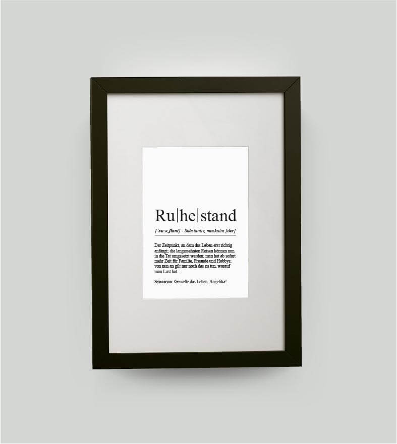 Personalisiertes Bild “Definition RUHESTAND”, DIN 13x18cm, mit Rahmen schwarz 21x30cm, ohne Passepartout