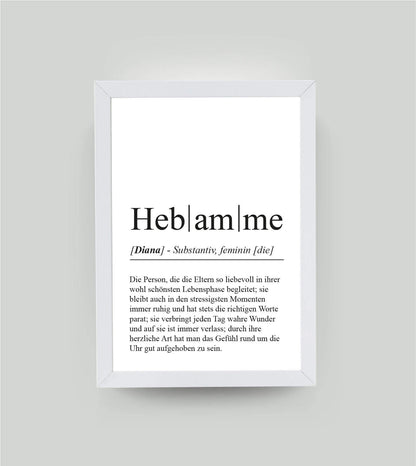 Personalisiertes Bild “Definition HEBAMME”, DIN A4, mit Rahmen weiß 21x30cm, ohne Passepartout
