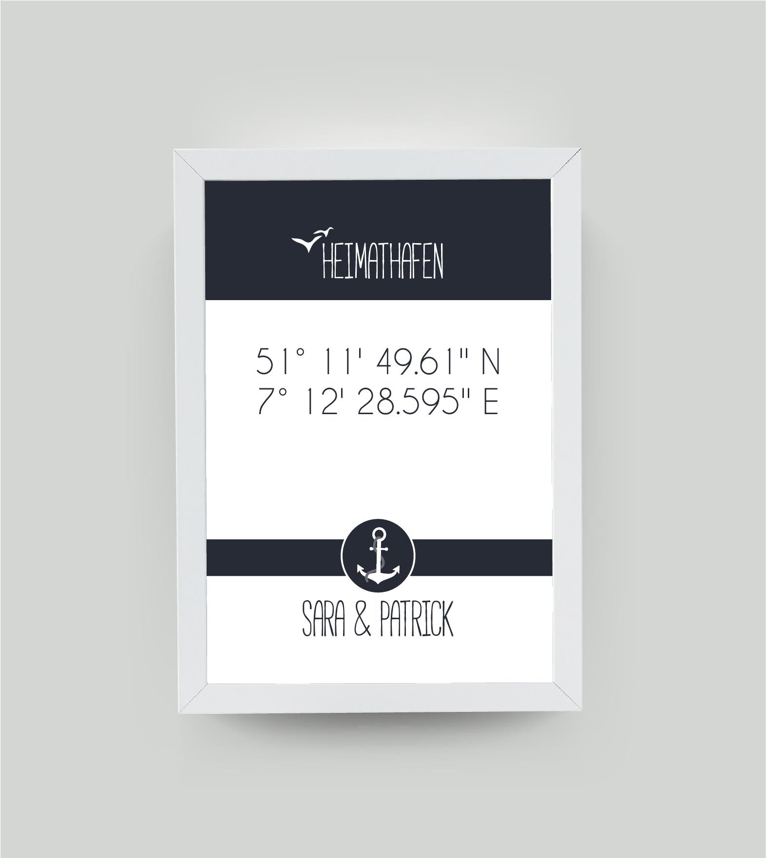 Personalisiertes Koordinaten Bild “HEIMATHAFEN” mit Anker, Bildfarbe: Maritime/Blau, Bildgröße: 13x18cm, Bilderrahmen: Ohne Bilderrahmen, Copyright:321geschenke.de