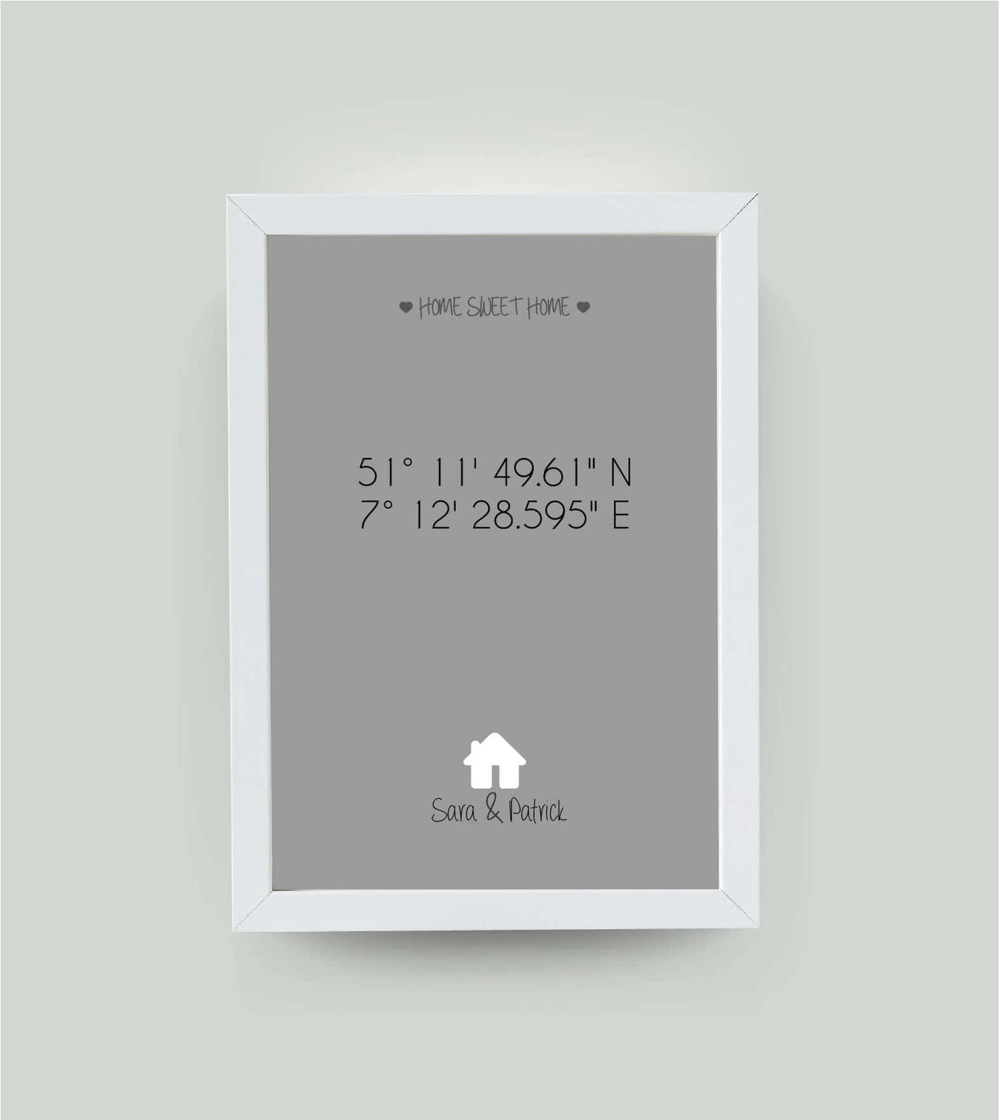 Personalisiertes Bild "HOME SWEET HOME HAUS" in grau, DIN A4, mit Rahmen weiß 21x30cm, ohne Passepartout
