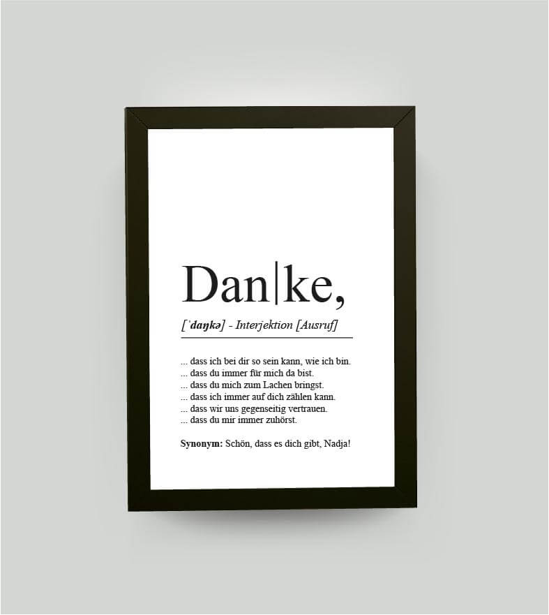 Personalisiertes Bild “Definition DANKE”, DIN A4, mit Rahmen schwarz 21x30cm, ohne Passepartout