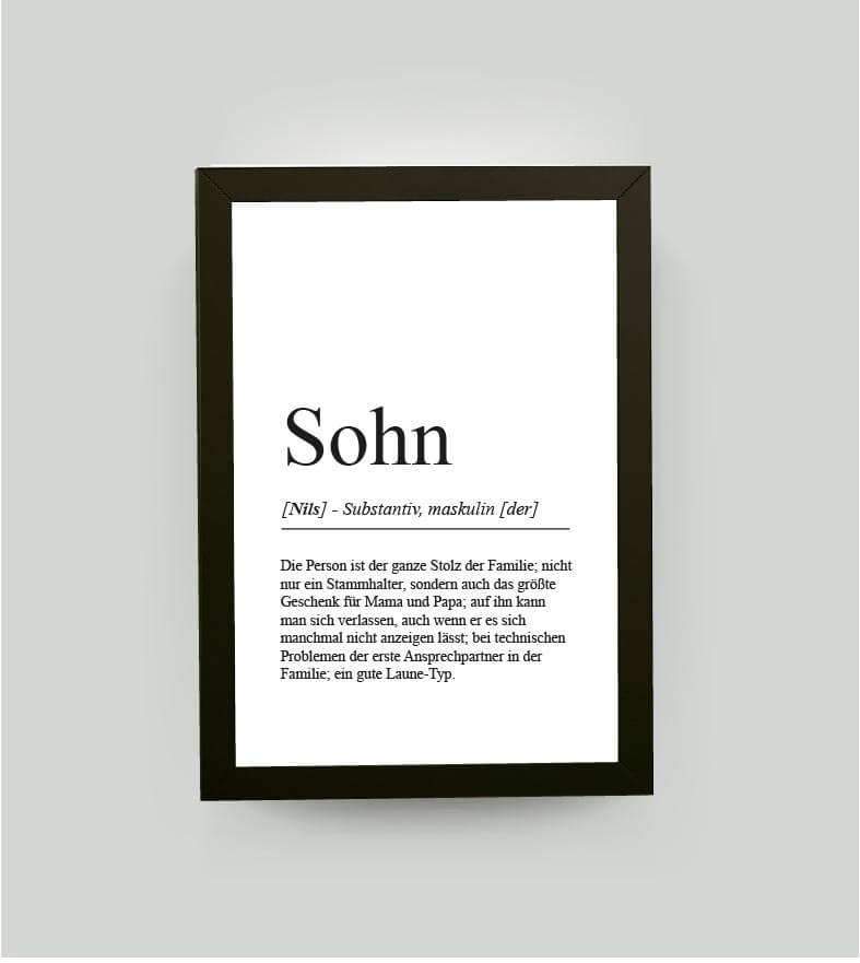 Personalisiertes Bild “Definition SOHN”, DIN A4, mit Rahmen schwarz 21x30cm, ohne Passepartout, Copyright: 321geschenke.de
