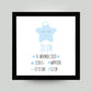 Personalisiertes Babyposter “Geburtsanzeige Stern” in weiß/blau, viereckig 25x25cm, mit Rahmen schwarz 27x27cm, ohne Passepartout