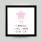 Personalisiertes Babyposter “Geburtsanzeige Stern” in weiß/rosa, viereckig 25x25cm, mit Rahmen schwarz 27x27cm, ohne Passepartout