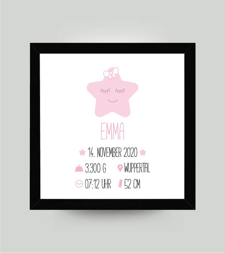 Personalisiertes Babyposter “Geburtsanzeige Stern” in weiß/rosa, viereckig 25x25cm, mit Rahmen schwarz 27x27cm, ohne Passepartout