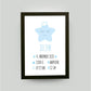Personalisiertes Babyposter “Geburtsanzeige Stern” in weiß/blau, DIN A4, mit Rahmen schwarz 21x30cm, ohne Passepartout