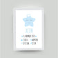 Personalisiertes Babyposter “Geburtsanzeige Stern” in weiß/blau, DIN A4, mit Rahmen weiß 21x30cm, ohne Passepartout