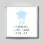 Personalisiertes Babyposter “Geburtsanzeige Stern” in weiß/blau, viereckig 25x25cm, mit Rahmen weiß 27x27cm, ohne Passepartout