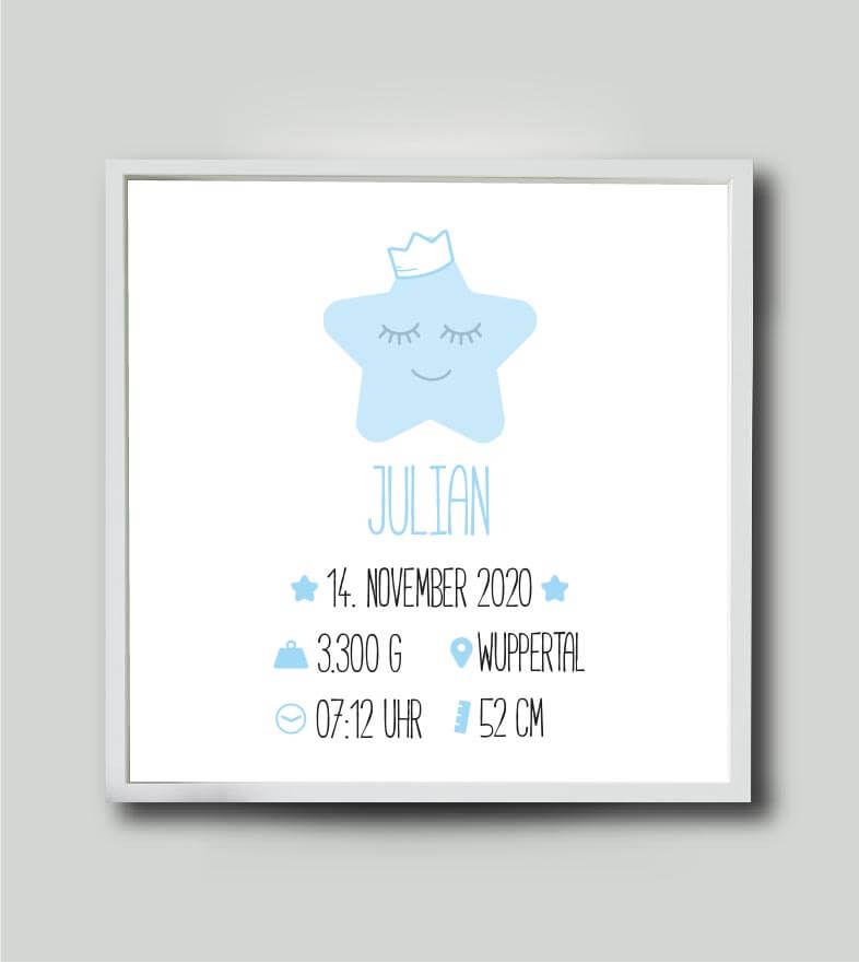 Personalisiertes Babyposter “Geburtsanzeige Stern” in weiß/blau, viereckig 25x25cm, mit Rahmen weiß 27x27cm, ohne Passepartout, Copyright: 321geschenke.de