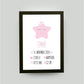 Personalisiertes Babyposter “Geburtsanzeige Stern” in weiß/rosa, DIN A4, mit Rahmen schwarz 21x30cm, ohne Passepartout