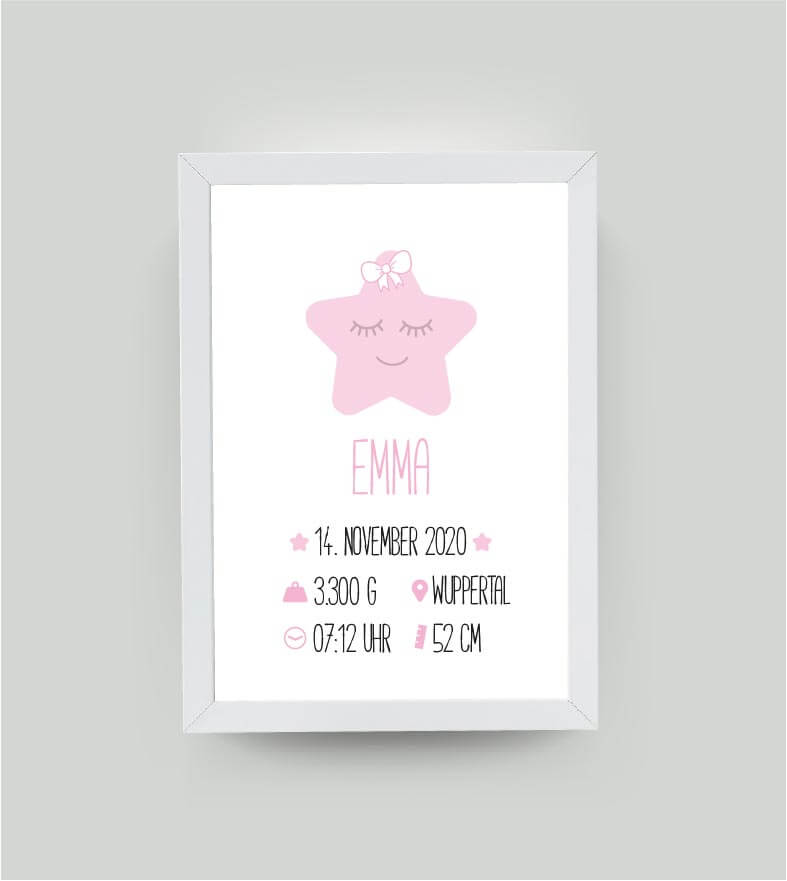 Personalisiertes Babyposter “Geburtsanzeige Stern” in weiß/rosa, DIN A4, mit Rahmen weiß 21x30cm, ohne Passepartout