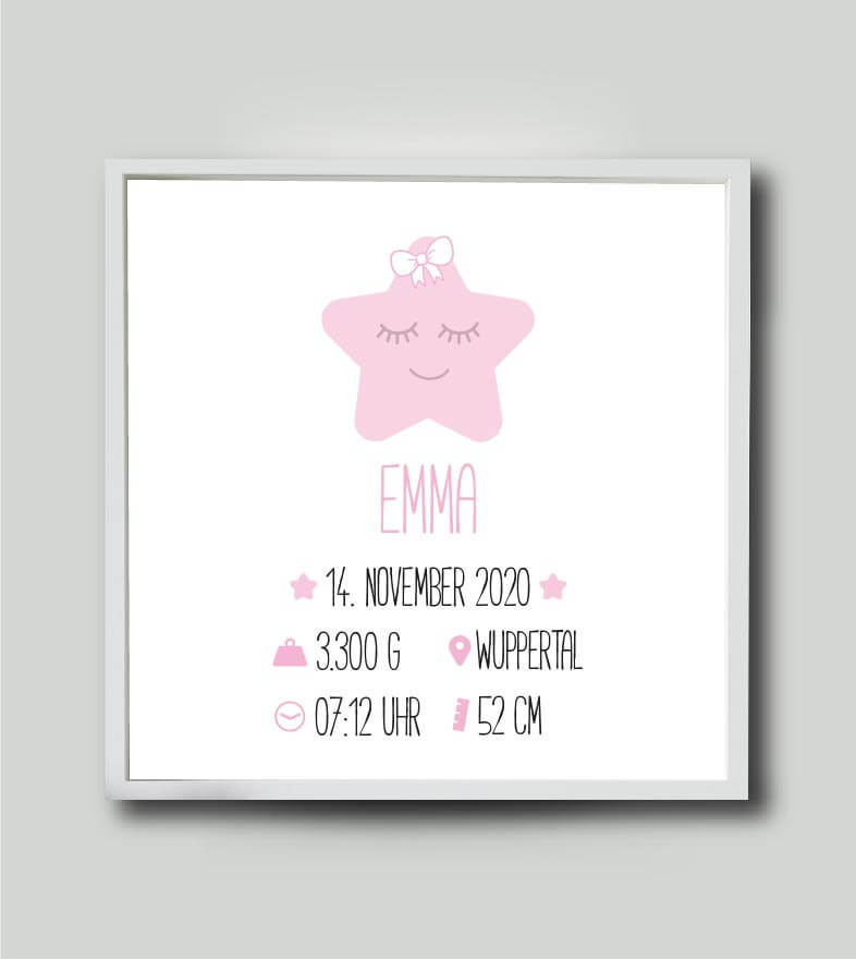 Personalisiertes Babyposter “Geburtsanzeige Stern” in weiß/rosa, viereckig 25x25cm, mit Rahmen weiß 27x27cm, ohne Passepartout
