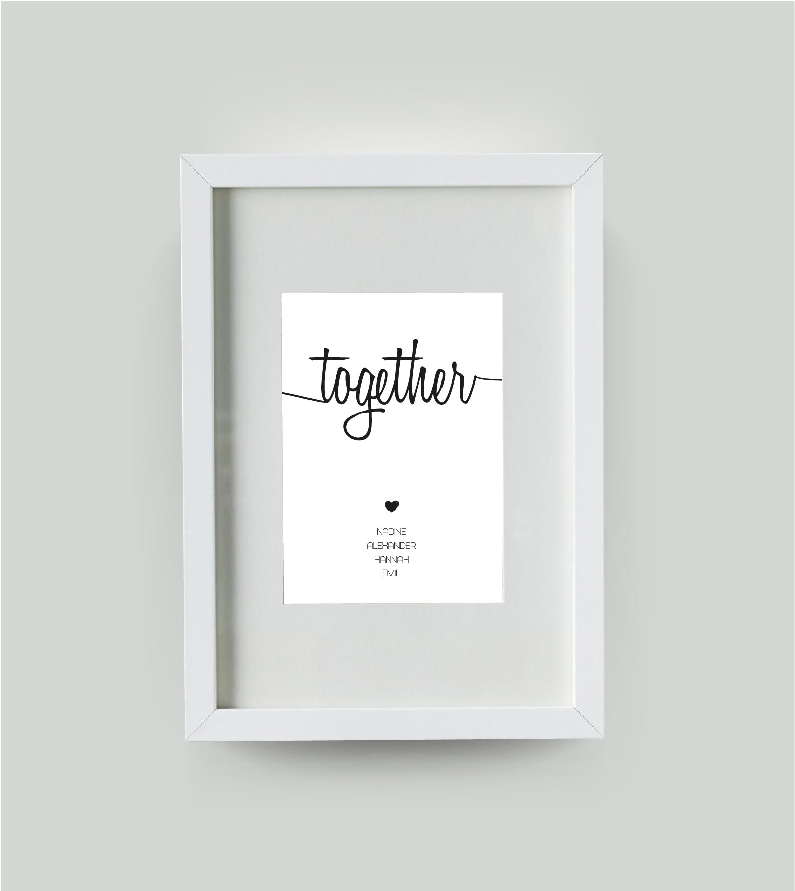 Personalisiertes Familienbild “TOGETHER”, Bildfarbe: Weiß, Bildgröße: DIN A4, Bilderrahmen: Bilderrahmen weiß mit Passepartout, Copyright:321geschenke.de